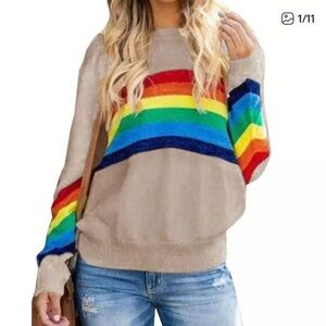 Young Fabulous & Broke Camel Crewneck Rainbow Sweater, Relaxed Fit, Sz M/ L